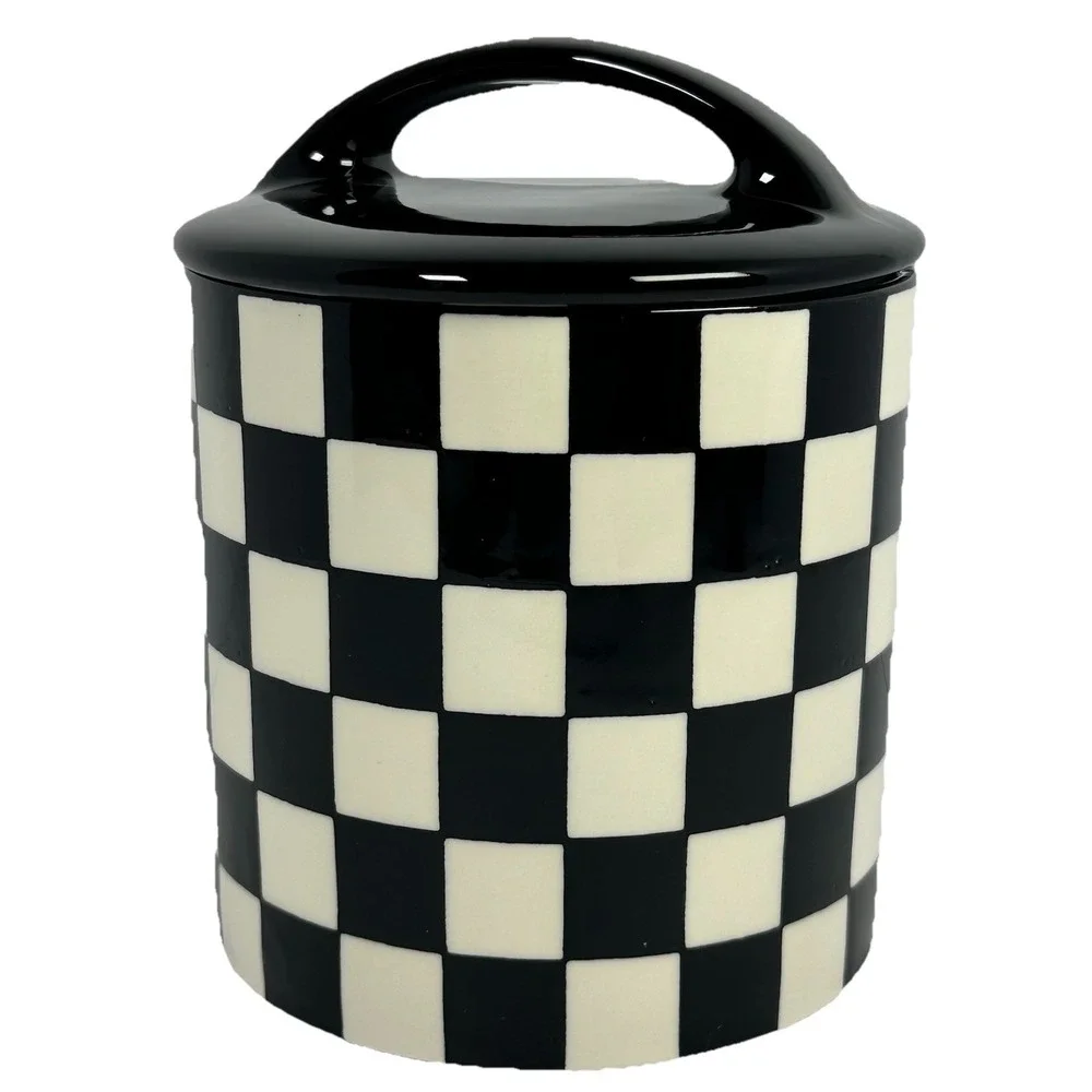 Potter's Studio Black White Checkered Cookie Jar Ceramic Canister W Lid NEW